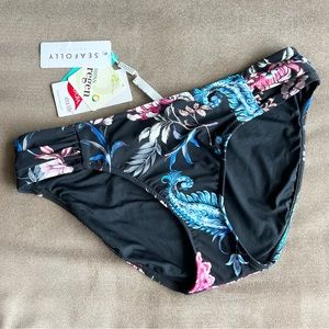 NWT Seafolly US 10 Ruched Side Retro Water Garden Black Bikini Swim Bottoms